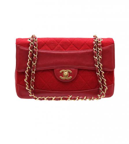 CHANEL VINTAGE JERSEY LEATHER RED SHOULDER シャネル